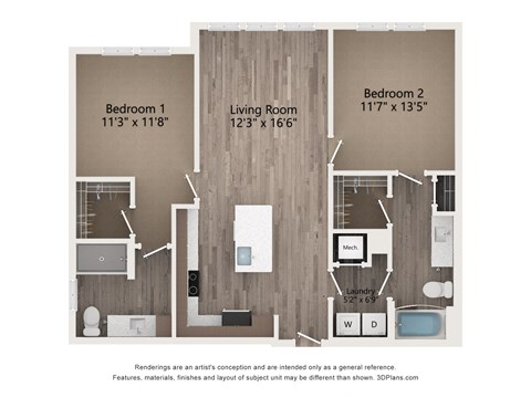 Floor plan for 2 beds, 2 baths, 1061 sqft